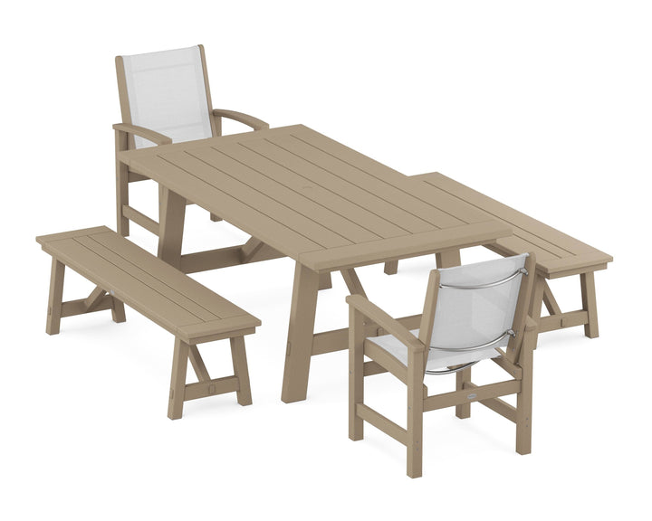 POLYWOOD® Coastal 5-Piece Rustic Farmhouse Dining Set With Benches