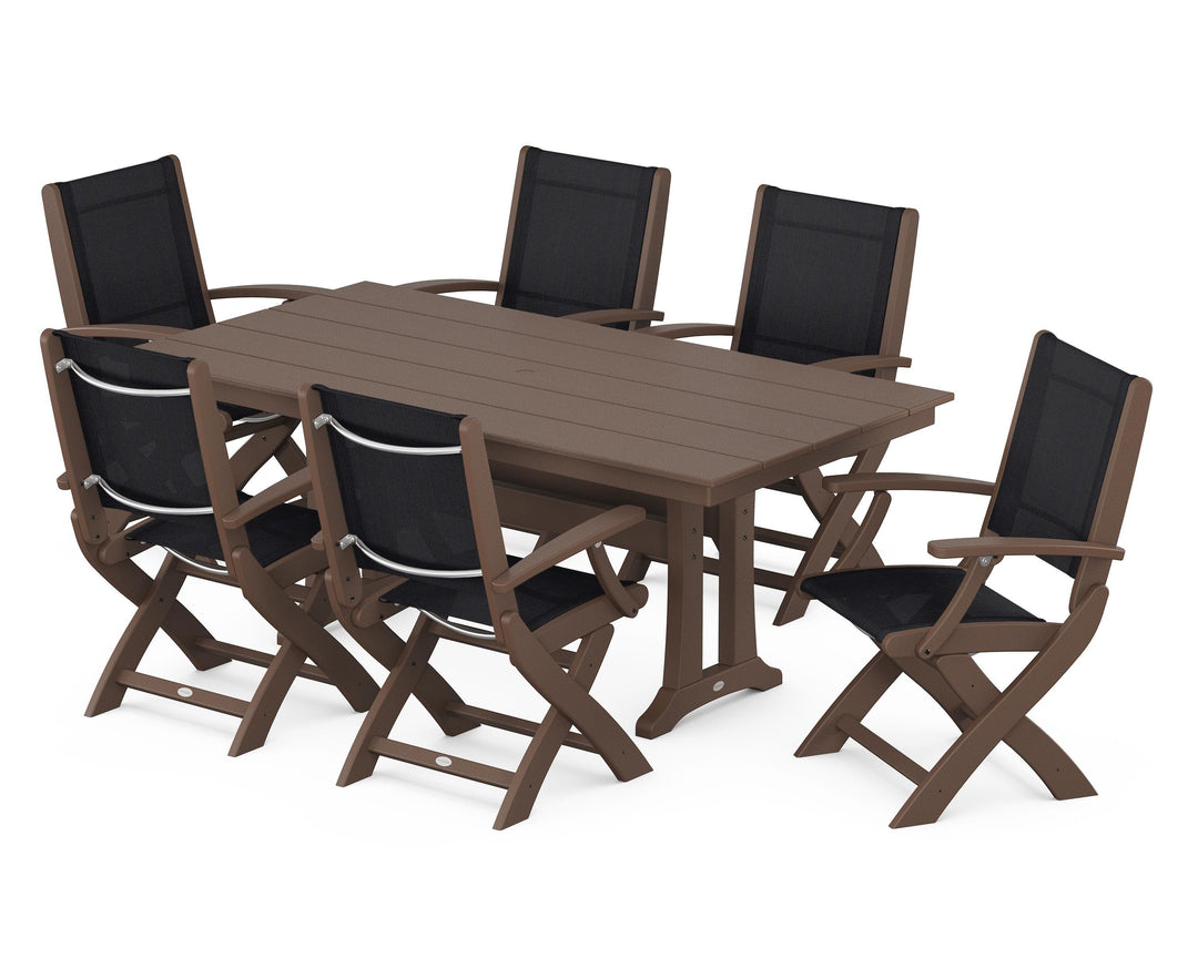 POLYWOOD® Coastal Folding Arm Chair 7-Piece Farmhouse Dining Set with Trestle Legs