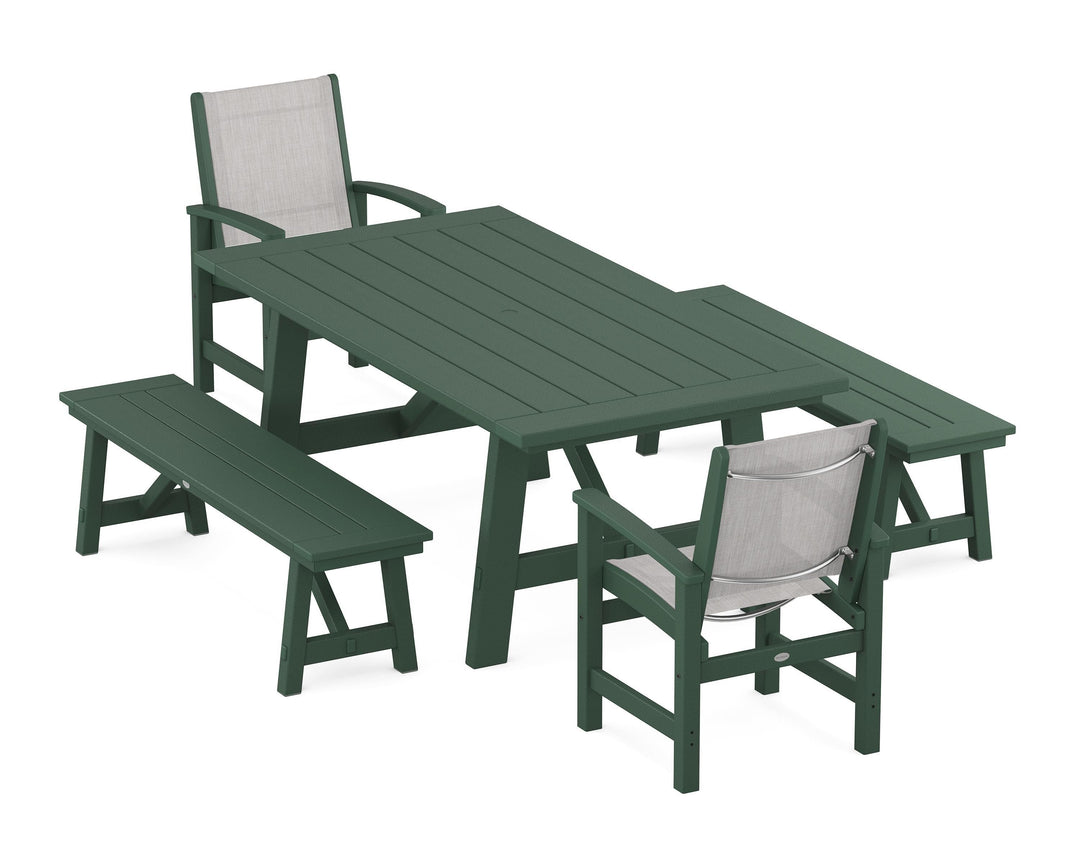 POLYWOOD® Coastal 5-Piece Rustic Farmhouse Dining Set With Benches