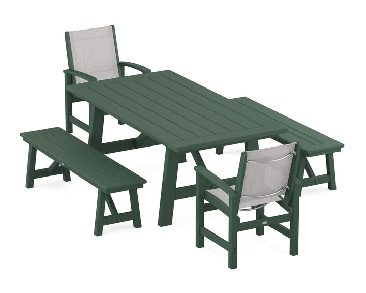 POLYWOOD® Coastal 5-Piece Rustic Farmhouse Dining Set With Benches