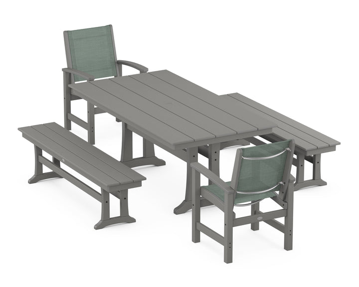 POLYWOOD® Coastal 5-Piece Farmhouse Dining Set with Trestle Legs and Benches