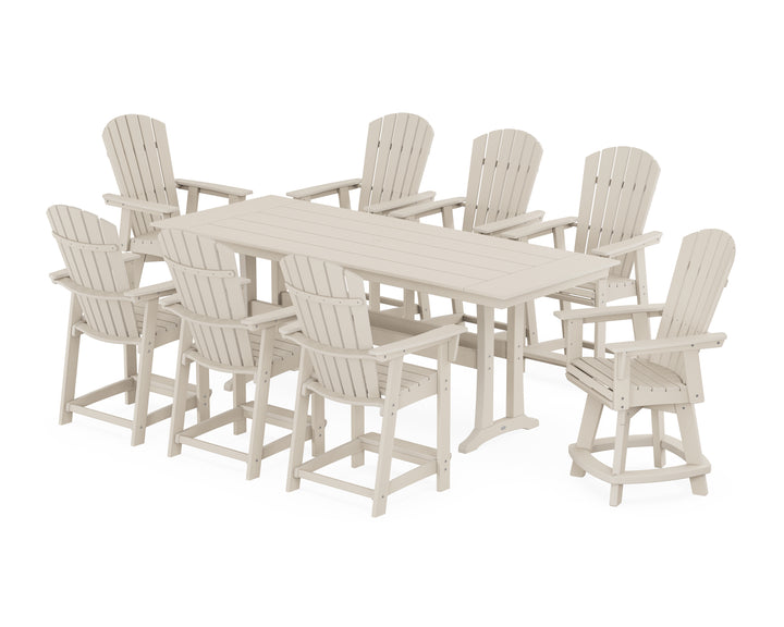 POLYWOOD® Nautical Curveback Adirondack Swivel Chair 9-Piece Farmhouse Counter Set with Trestle Legs