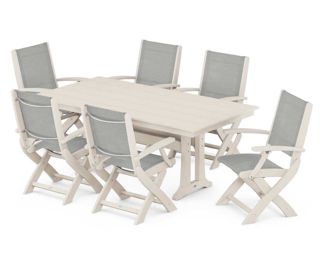 POLYWOOD® Coastal Folding Arm Chair 7-Piece Farmhouse Dining Set with Trestle Legs