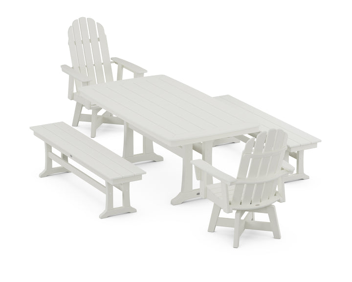 POLYWOOD® Vineyard Adirondack Swivel Chair 5-Piece Dining Set with Trestle Legs and Benches