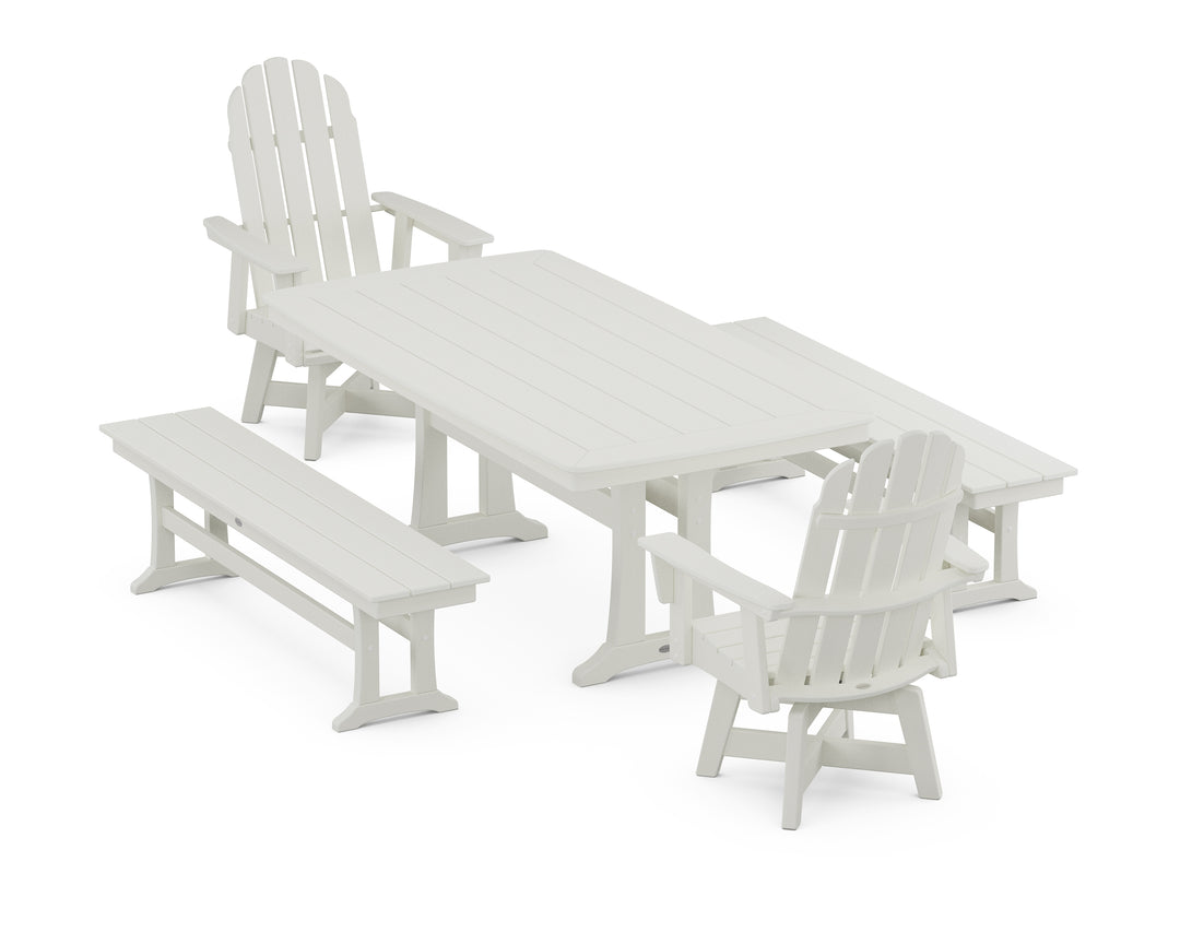 POLYWOOD® Vineyard Adirondack Swivel Chair 5-Piece Dining Set with Trestle Legs and Benches