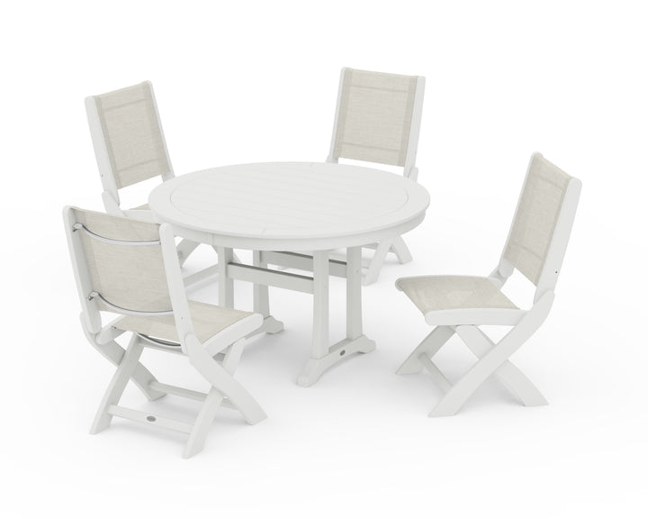 POLYWOOD® Coastal Folding Side Chair 5-Piece Round Dining Set With Trestle Legs