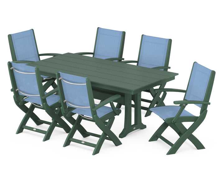 POLYWOOD® Coastal Folding Arm Chair 7-Piece Farmhouse Dining Set with Trestle Legs