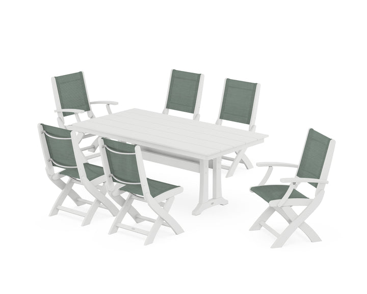 POLYWOOD® Coastal Folding Chair 7-Piece Farmhouse Dining Set with Trestle Legs