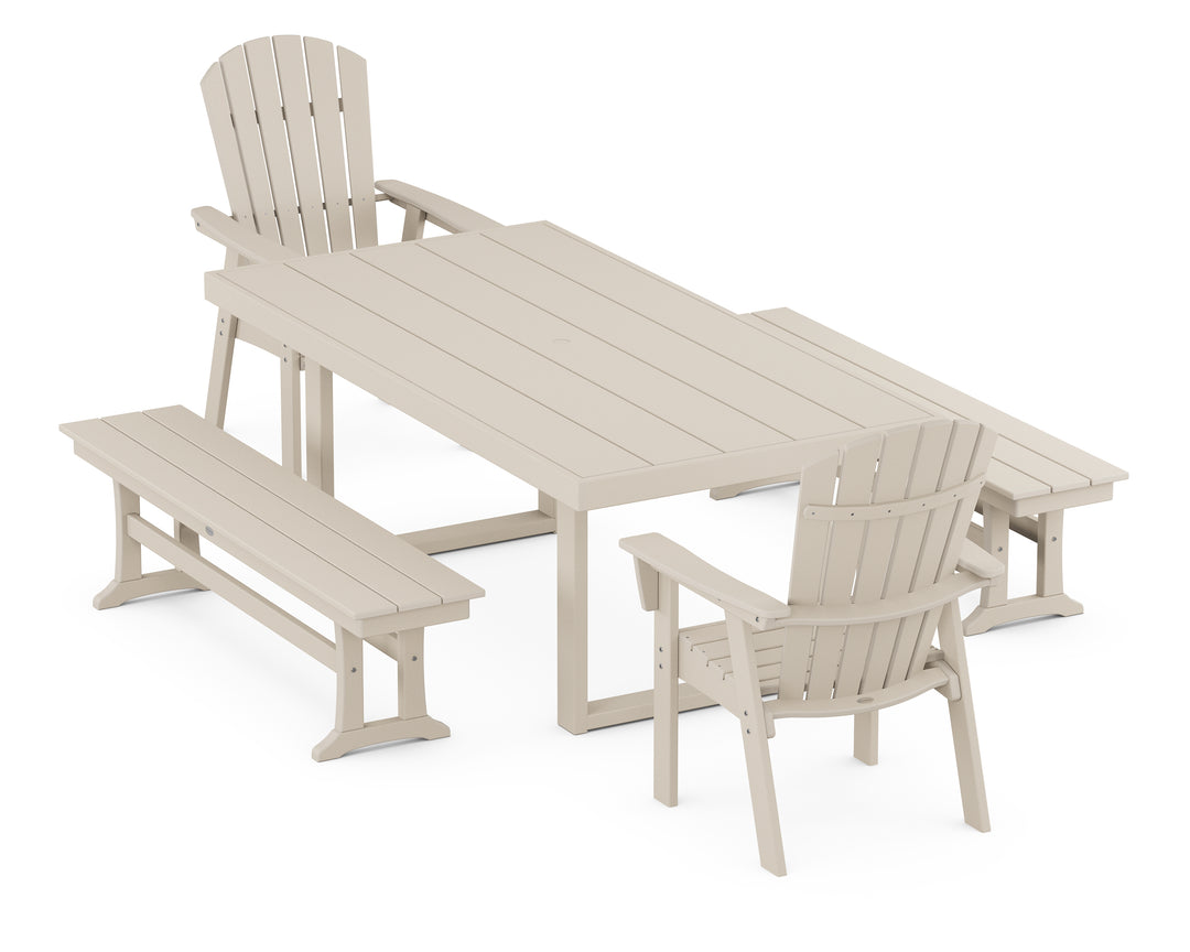 POLYWOOD® Nautical Curveback Adirondack 5-Piece Dining Set with Benches
