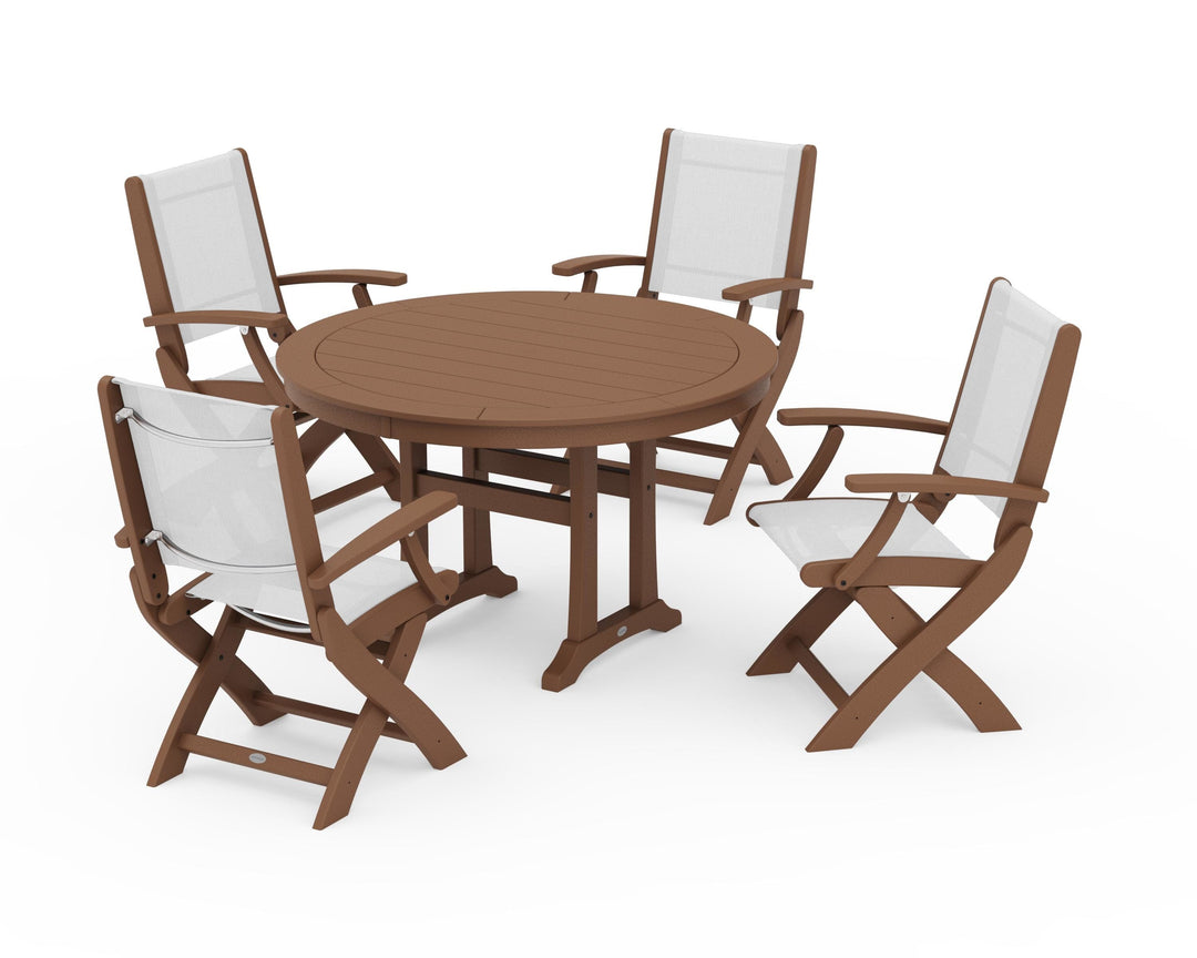 POLYWOOD® Coastal Folding Chair 5-Piece Round Dining Set with Trestle Legs