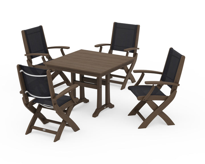 POLYWOOD® Coastal Folding Chair 5-Piece Farmhouse Dining Set With Trestle Legs