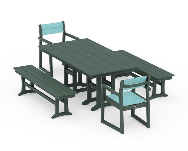 POLYWOOD® EDGE Sling Arm Chair 5-Piece Farmhouse Dining Set with Benches