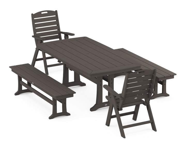 POLYWOOD® Nautical Folding Highback Chair 5-Piece Dining Set with Trestle Legs and Benches