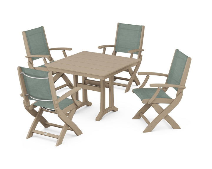 POLYWOOD® Coastal Folding Chair 5-Piece Farmhouse Dining Set With Trestle Legs