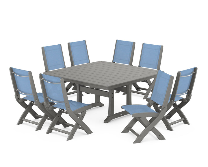 POLYWOOD® Coastal Folding Side Chair 9-Piece Dining Set with Trestle Legs