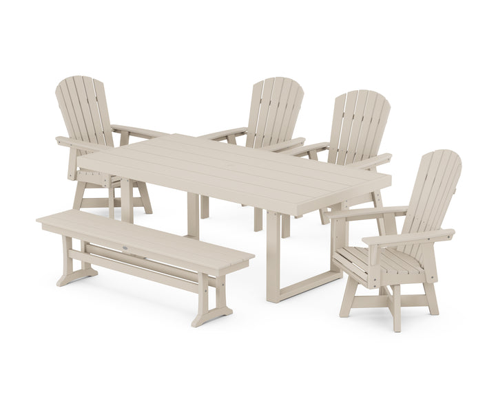 POLYWOOD® Nautical Curveback Adirondack Swivel Chair 6-Piece Dining Set with Bench