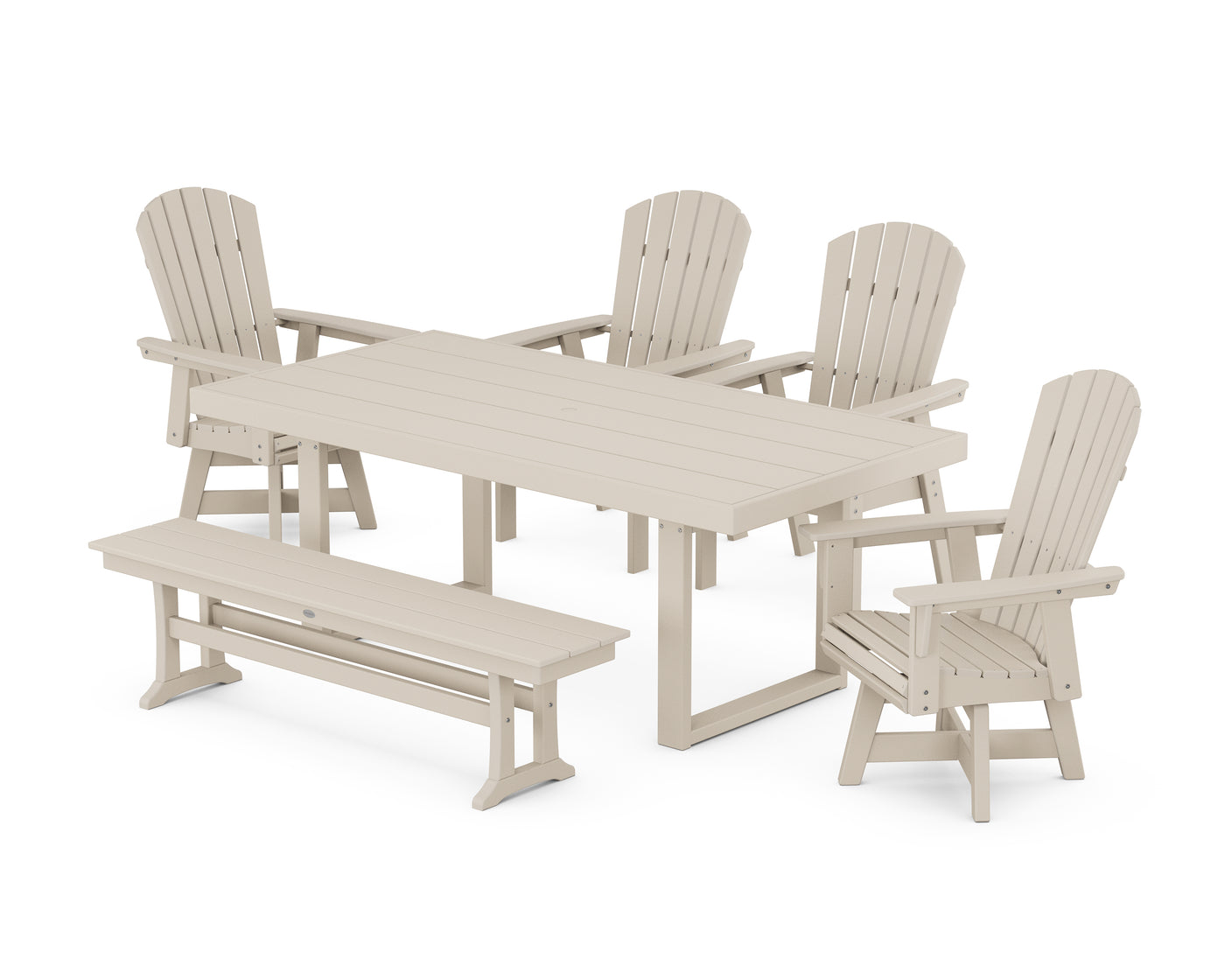 Nautical Curveback Adirondack Swivel Chair 6-Piece Dining Set with Bench