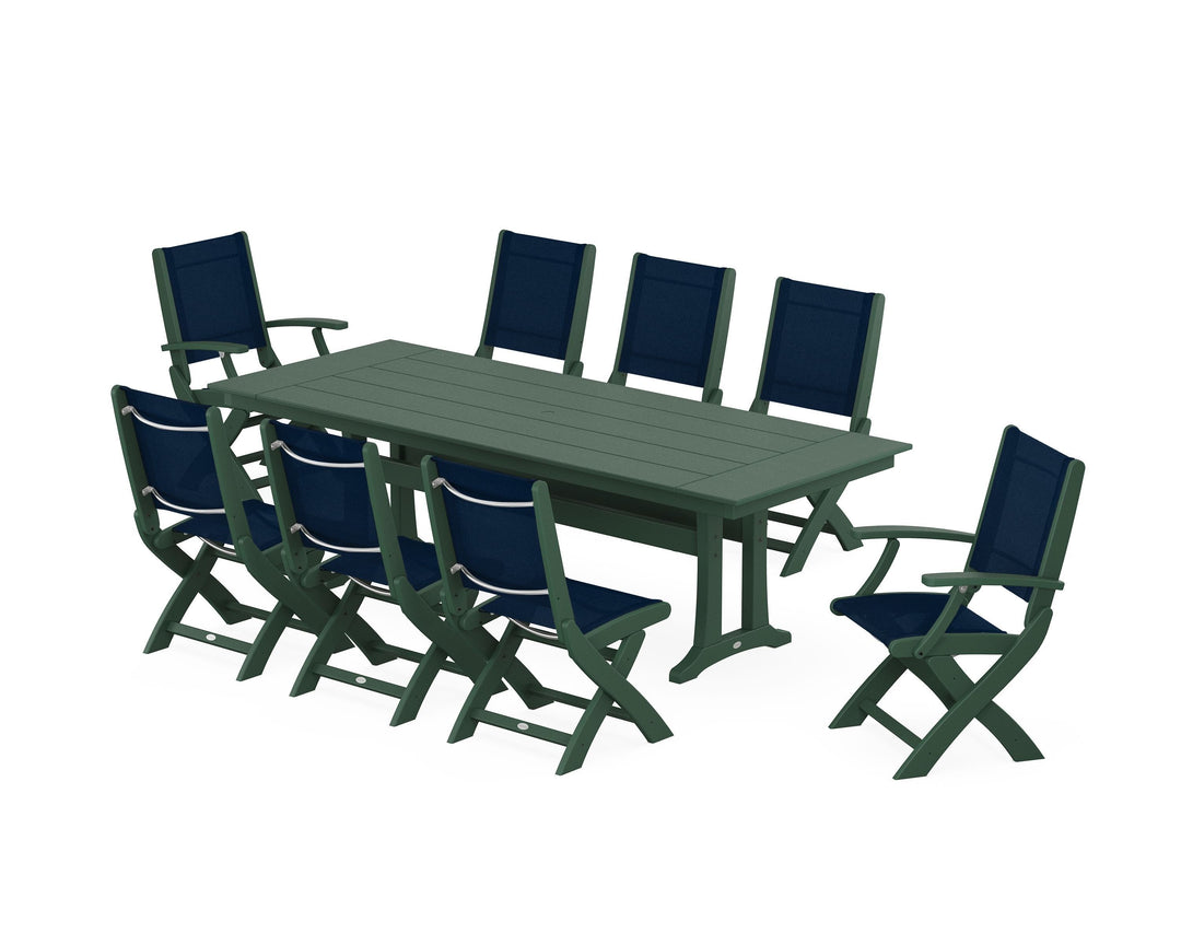 POLYWOOD® Coastal 9-Piece Folding Dining Chair Farmhouse Dining Set with Trestle Legs