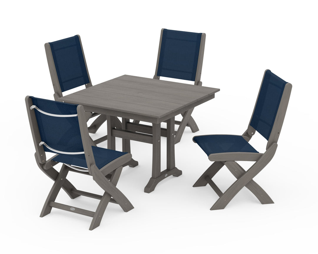 POLYWOOD® Coastal Folding Side Chair 5-Piece Farmhouse Dining Set With Trestle Legs