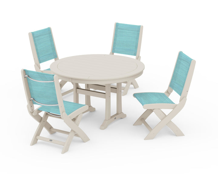 POLYWOOD® Coastal Folding Side Chair 5-Piece Round Dining Set With Trestle Legs