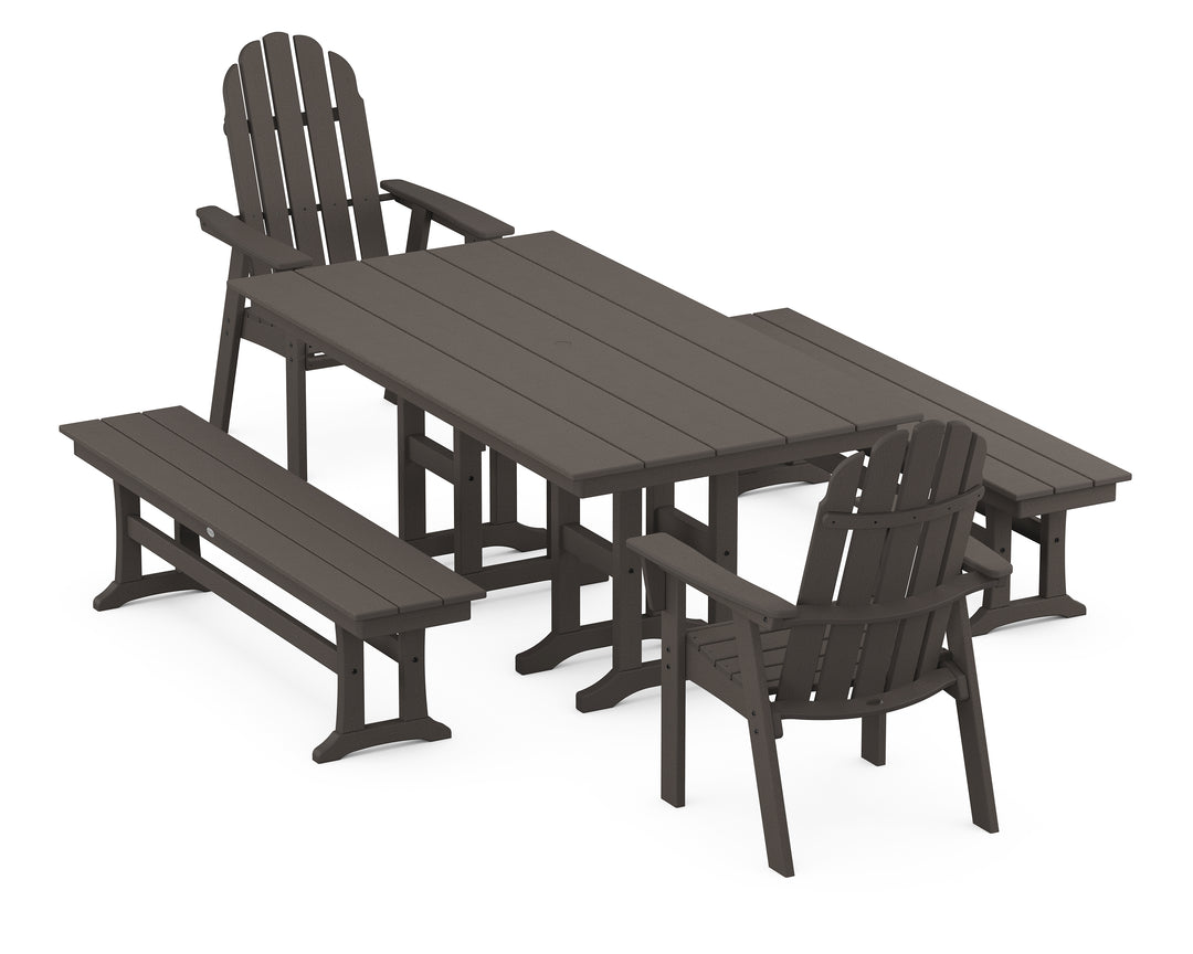 POLYWOOD® Vineyard Curveback Adirondack 5-Piece Farmhouse Dining Set with Benches