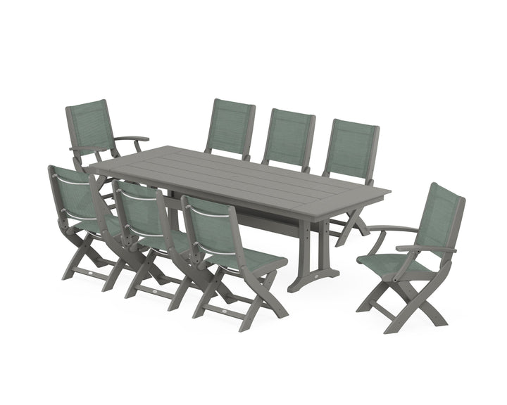 POLYWOOD® Coastal 9-Piece Folding Dining Chair Farmhouse Dining Set with Trestle Legs
