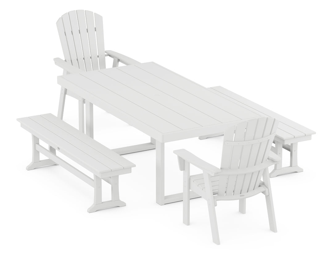 POLYWOOD® Nautical Curveback Adirondack 5-Piece Dining Set with Benches