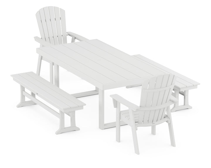 POLYWOOD® Nautical Curveback Adirondack 5-Piece Dining Set with Benches