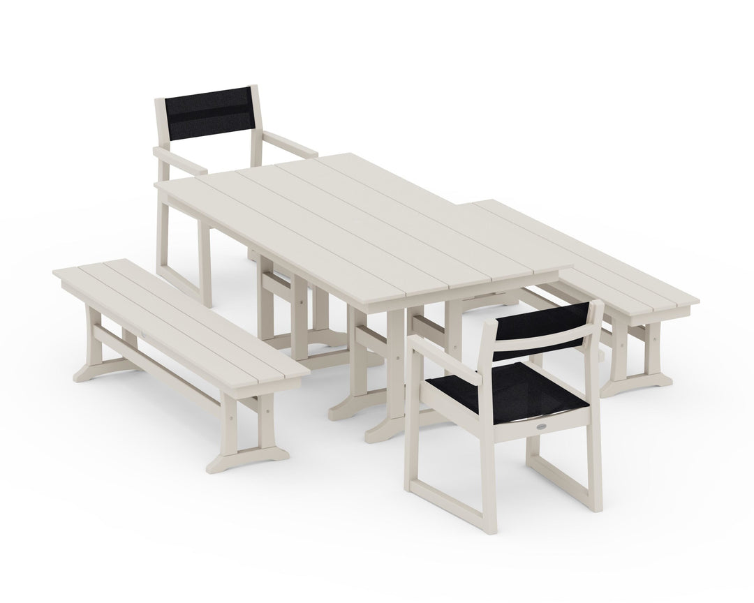 POLYWOOD® EDGE Sling Arm Chair 5-Piece Farmhouse Dining Set with Benches