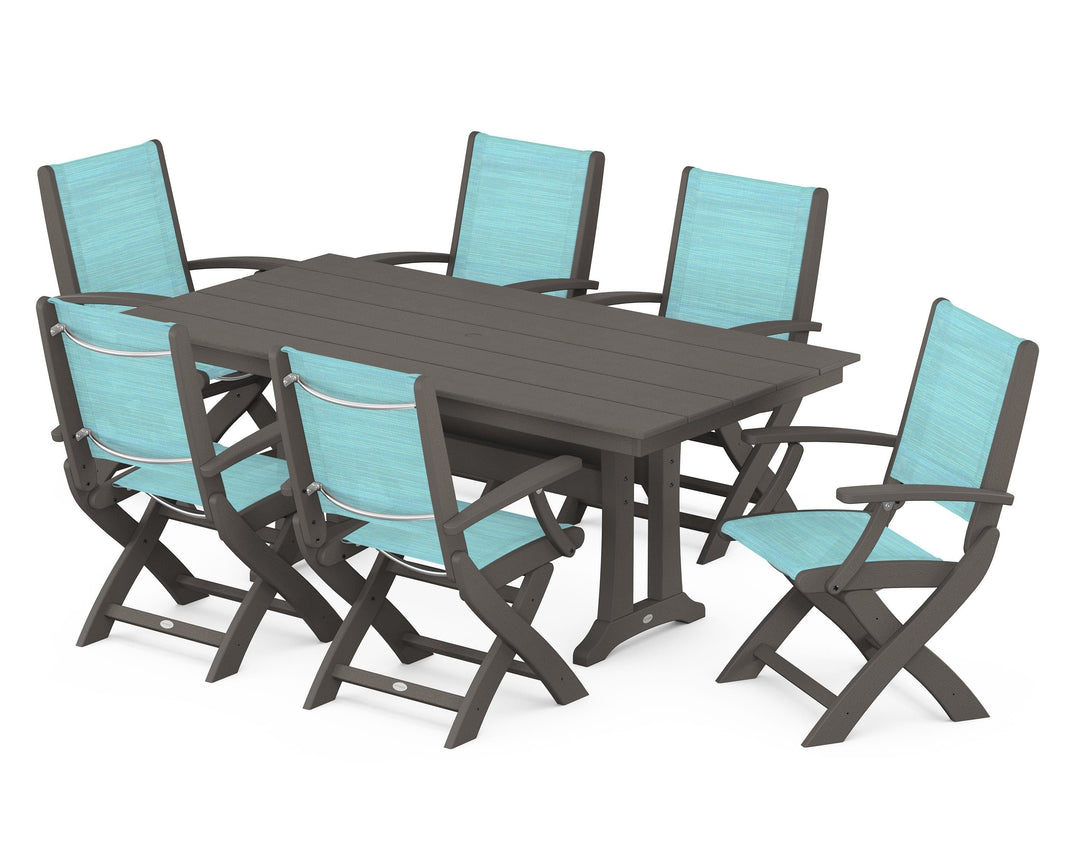 POLYWOOD® Coastal Folding Arm Chair 7-Piece Farmhouse Dining Set with Trestle Legs
