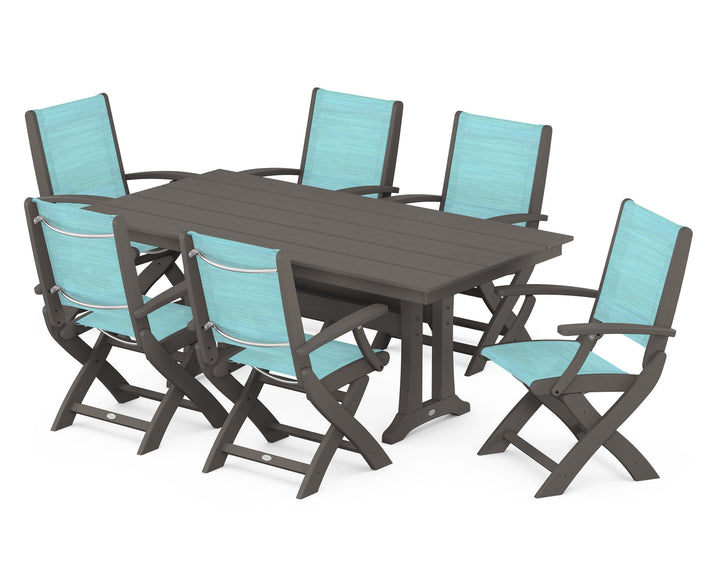 POLYWOOD® Coastal Folding Arm Chair 7-Piece Farmhouse Dining Set with Trestle Legs
