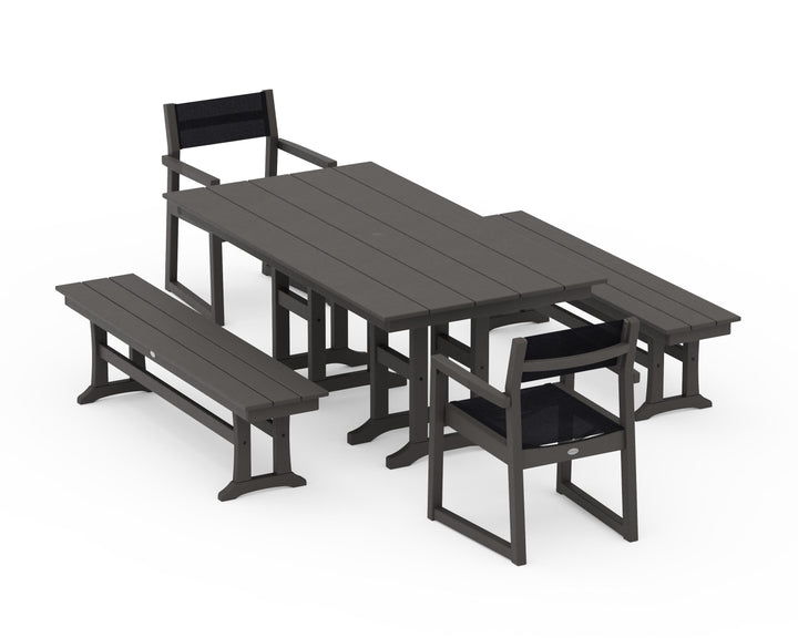 POLYWOOD® EDGE Sling Arm Chair 5-Piece Farmhouse Dining Set with Benches