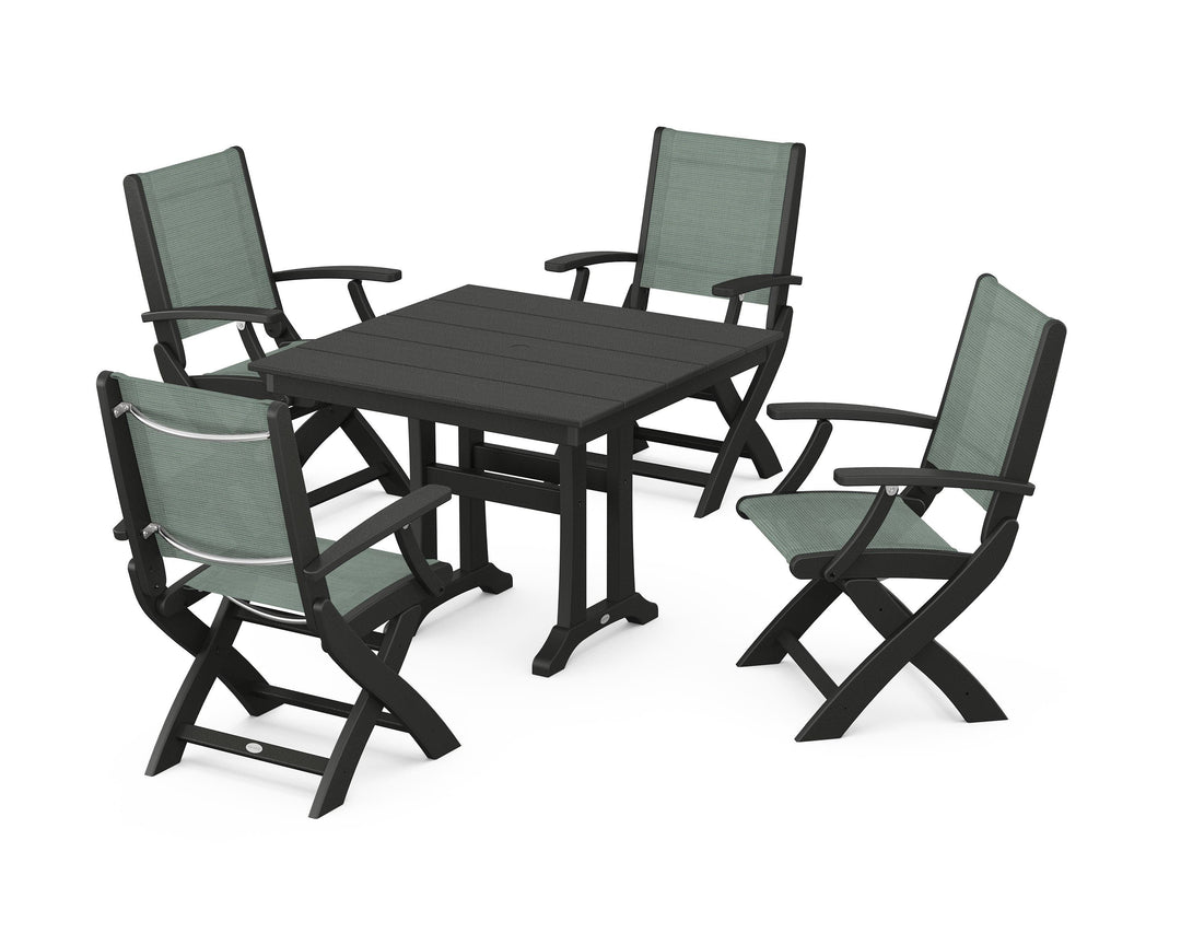 POLYWOOD® Coastal Folding Chair 5-Piece Farmhouse Dining Set With Trestle Legs