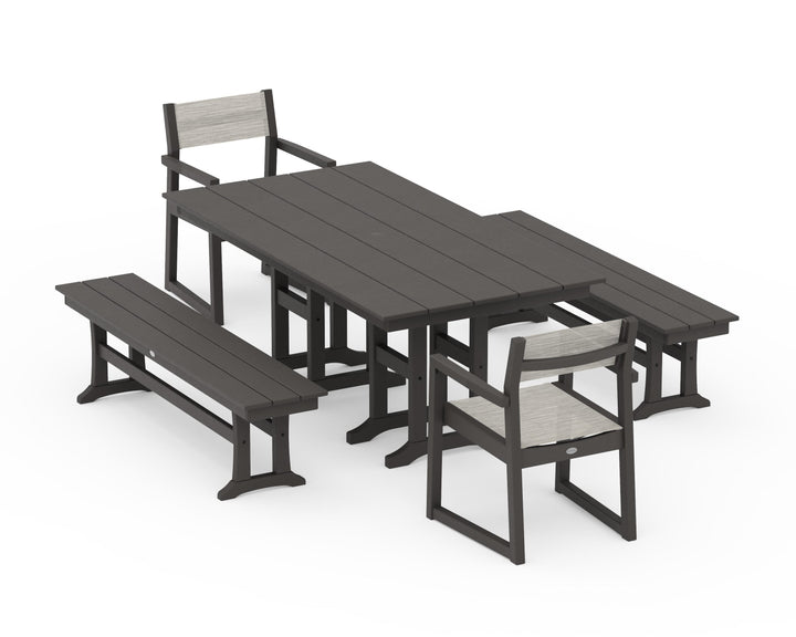 POLYWOOD® EDGE Sling Arm Chair 5-Piece Farmhouse Dining Set with Benches