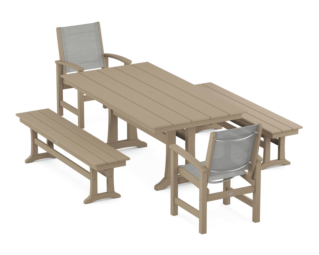 POLYWOOD® Coastal 5-Piece Farmhouse Dining Set with Trestle Legs and Benches