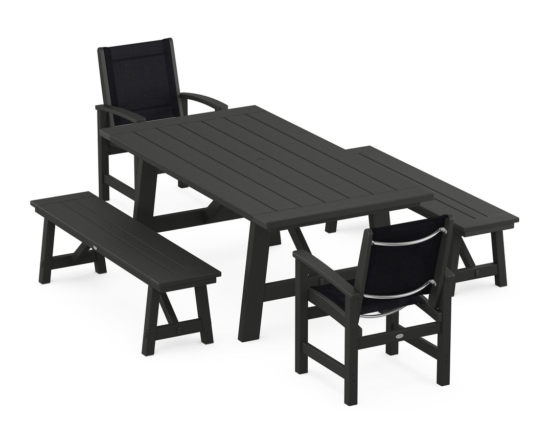 POLYWOOD® Coastal 5-Piece Rustic Farmhouse Dining Set With Benches