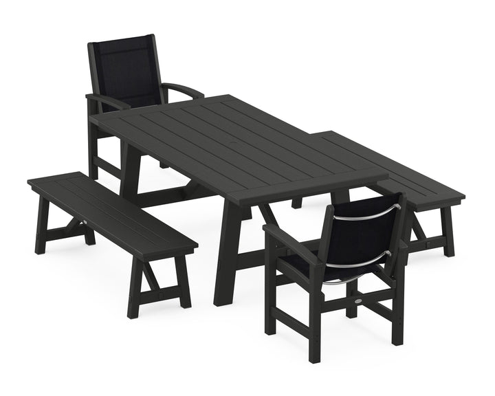POLYWOOD® Coastal 5-Piece Rustic Farmhouse Dining Set With Benches