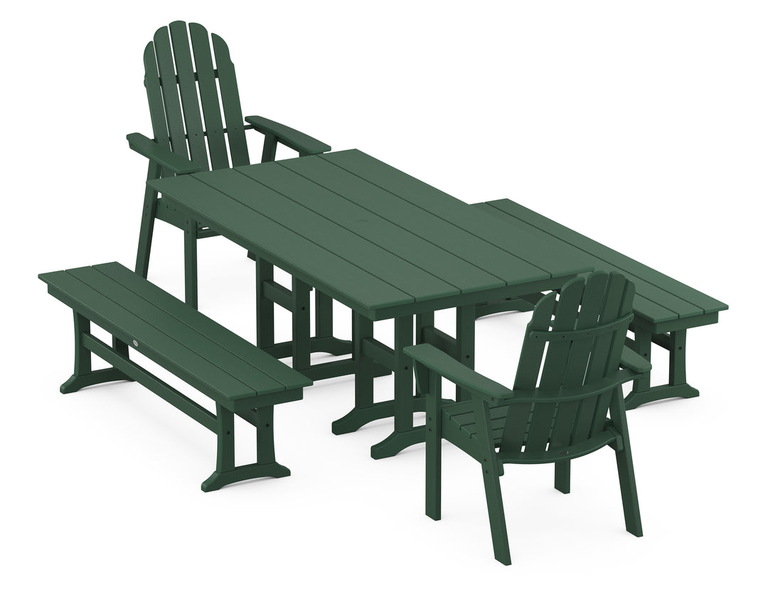 POLYWOOD® Vineyard Curveback Adirondack 5-Piece Farmhouse Dining Set with Benches
