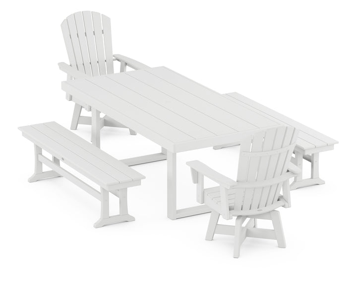 POLYWOOD® Nautical Curveback Adirondack Swivel Chair 5-Piece Dining Set with Benches