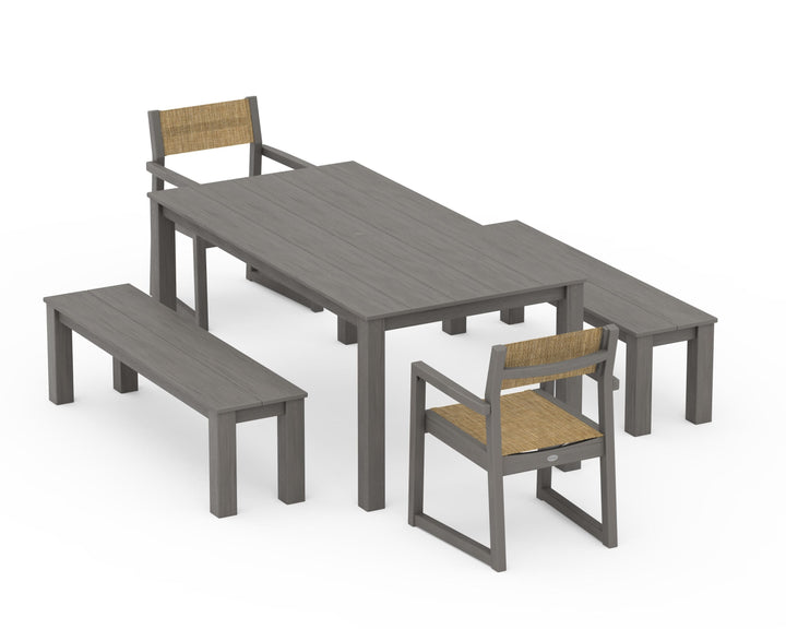 POLYWOOD® EDGE Sling Arm Chair 5-Piece Parsons Dining Set with Benches