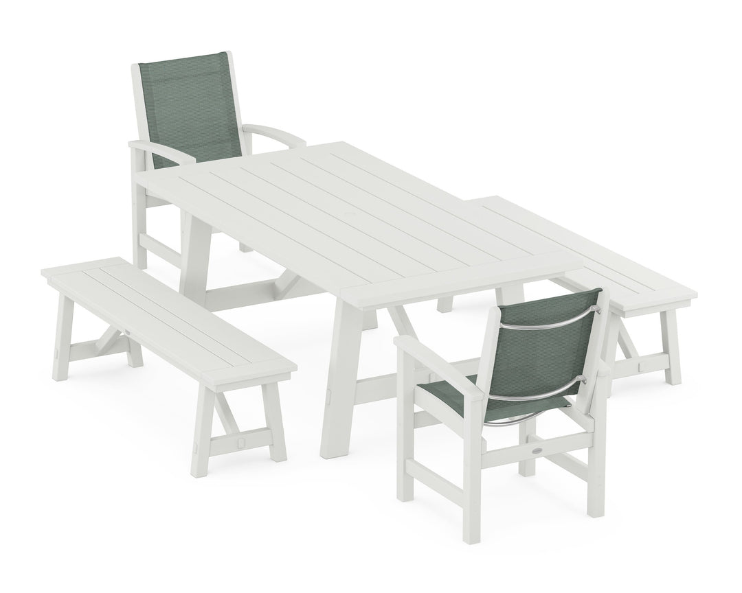 POLYWOOD® Coastal 5-Piece Rustic Farmhouse Dining Set With Benches