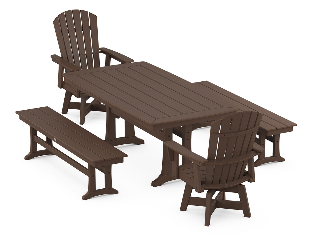 POLYWOOD® Nautical Curveback Adirondack Swivel Chair 5-Piece Dining Set with Trestle Legs and Benches