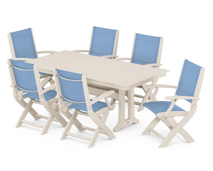 POLYWOOD® Coastal Folding Arm Chair 7-Piece Farmhouse Dining Set with Trestle Legs