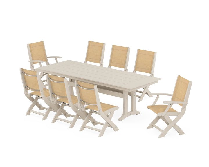 POLYWOOD® Coastal 9-Piece Folding Dining Chair Farmhouse Dining Set with Trestle Legs