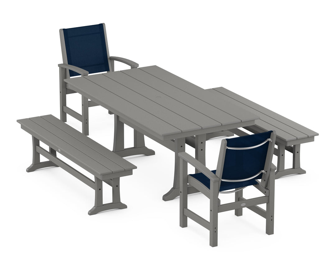 POLYWOOD® Coastal 5-Piece Farmhouse Dining Set with Trestle Legs and Benches