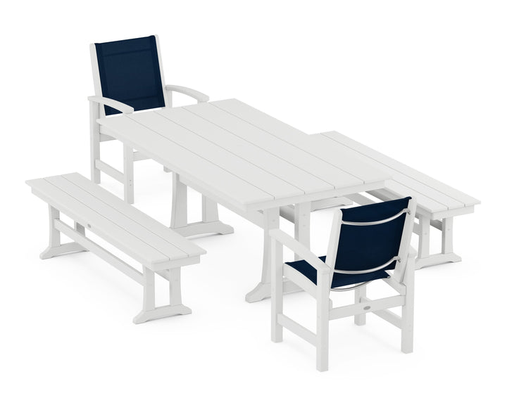 POLYWOOD® Coastal 5-Piece Farmhouse Dining Set with Trestle Legs and Benches