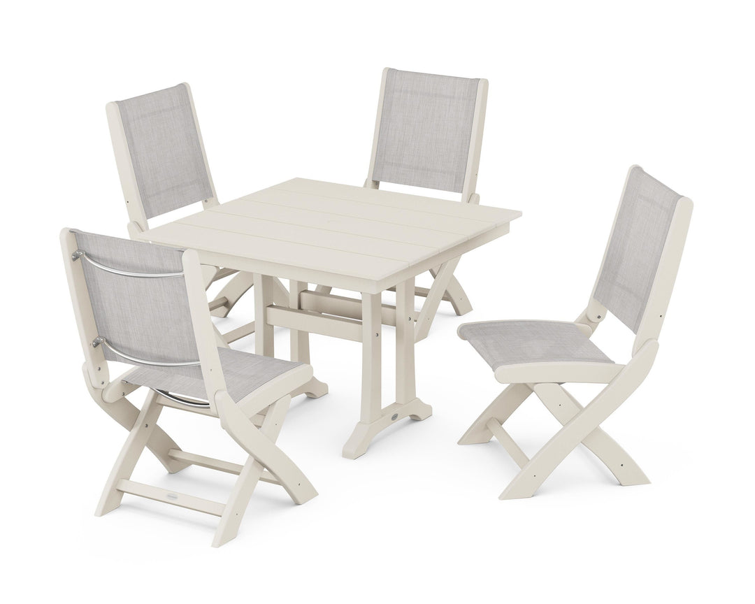 POLYWOOD® Coastal Folding Side Chair 5-Piece Farmhouse Dining Set With Trestle Legs