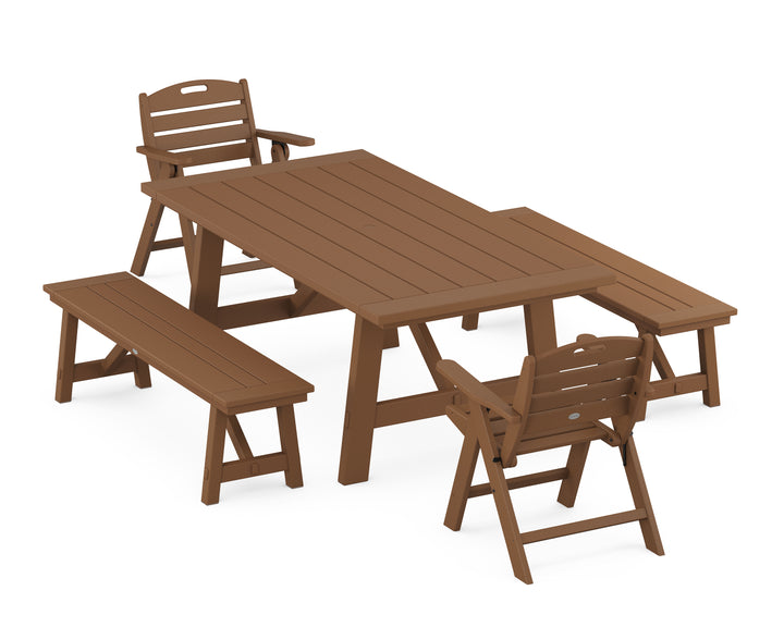 POLYWOOD® Nautical Folding Lowback Chair 5-Piece Rustic Farmhouse Dining Set With Benches