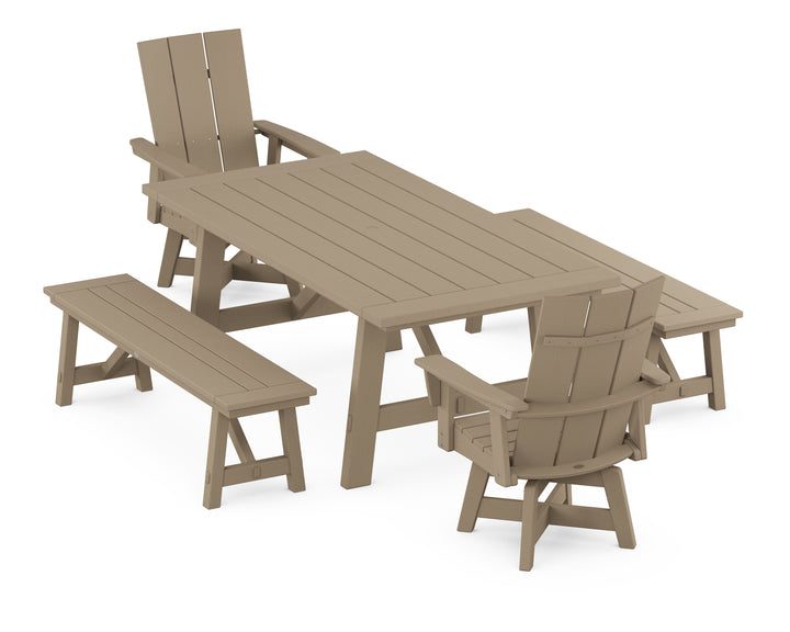 POLYWOOD® Modern Curveback Adirondack Swivel Chair 5-Piece Rustic Farmhouse Dining Set With Benches