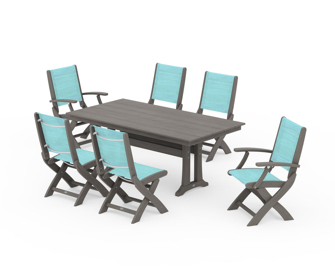 POLYWOOD® Coastal Folding Chair 7-Piece Farmhouse Dining Set with Trestle Legs